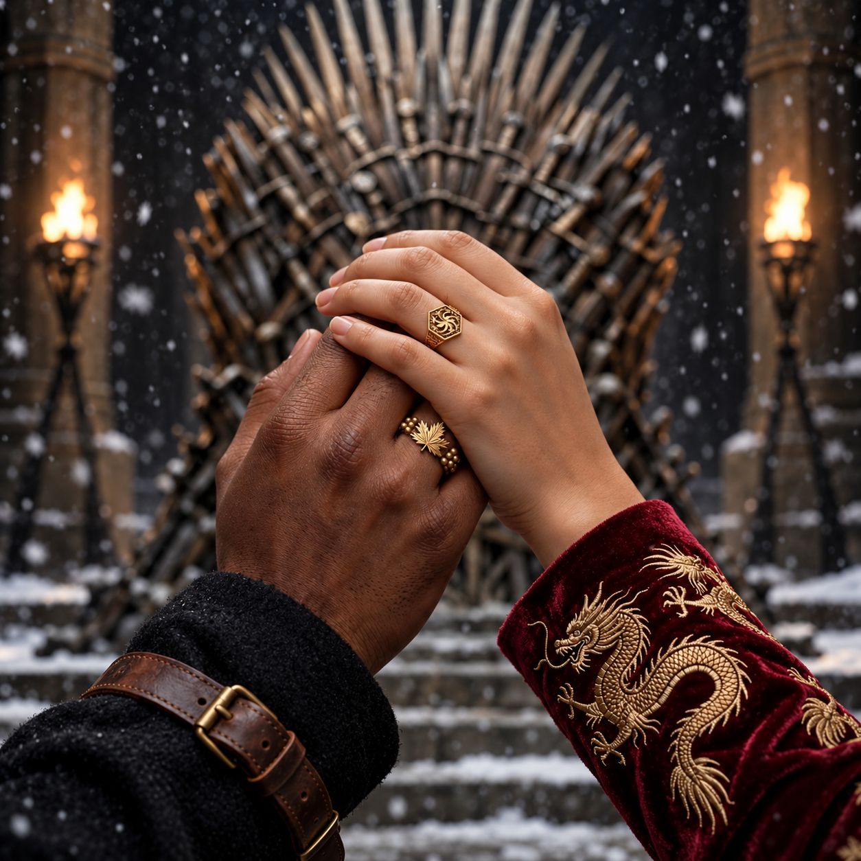 Two hands joined in a promise, wearing gold rings, before a throne of swords.